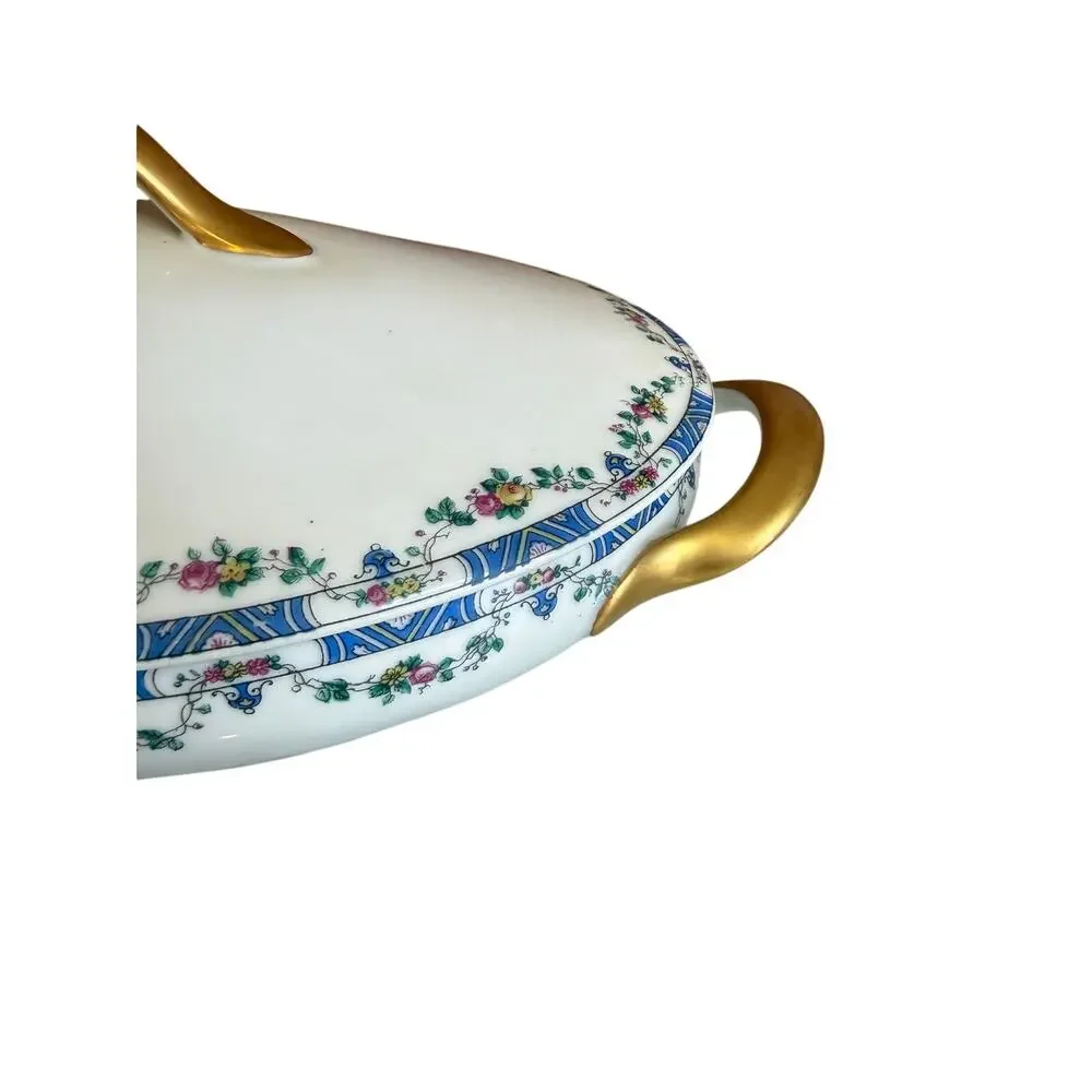 Vintage T&V Limoges France Oval Lidded Dish Blue Vine Pattern Gold Handles